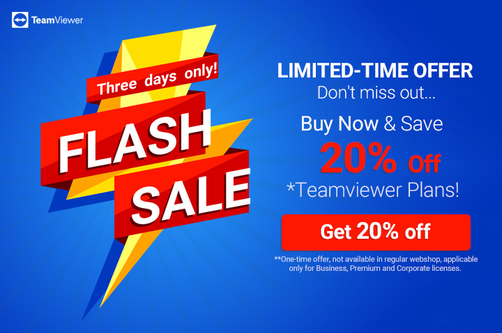 Flash Sale! Get 15% off TeamViewer Business, Premium, and Corporate subscription. Valid until February 28, 2021