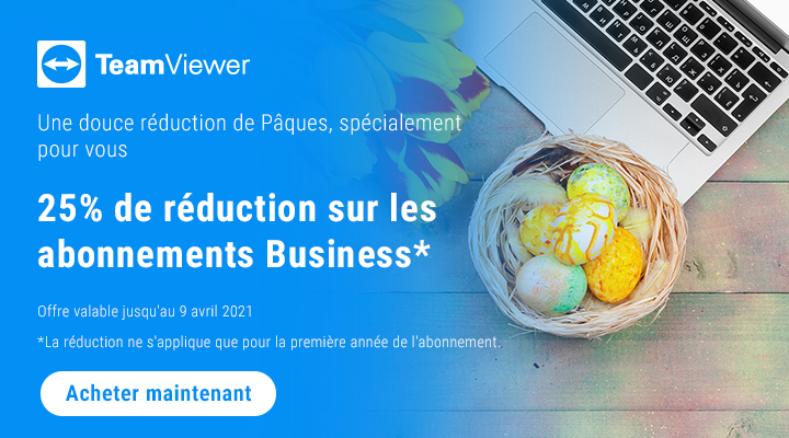 Une douce réduction de Pâques, spécialement pour vous 25% de réduction sur les abonnements Business* Offre valable jusqu'au 9 avril 2021 *La réduction ne s'applique que pour la première année de l'abonnement.